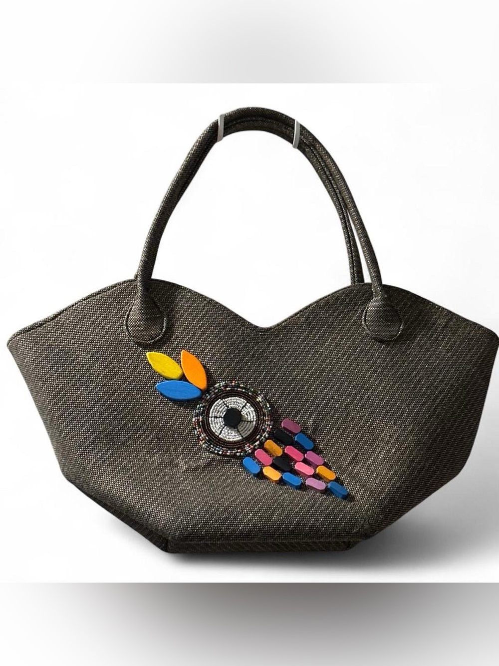 Brown Tote Bag with Colorful Beaded Accent